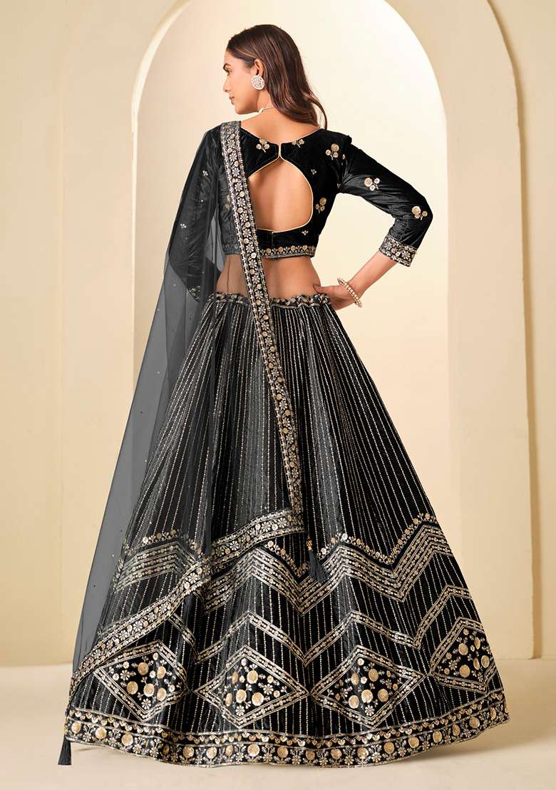 Black Embroidery Velvet Lehenga Set - Indya