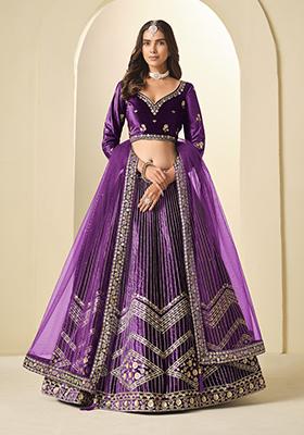 Purple Embroidery Velvet Lehenga Set