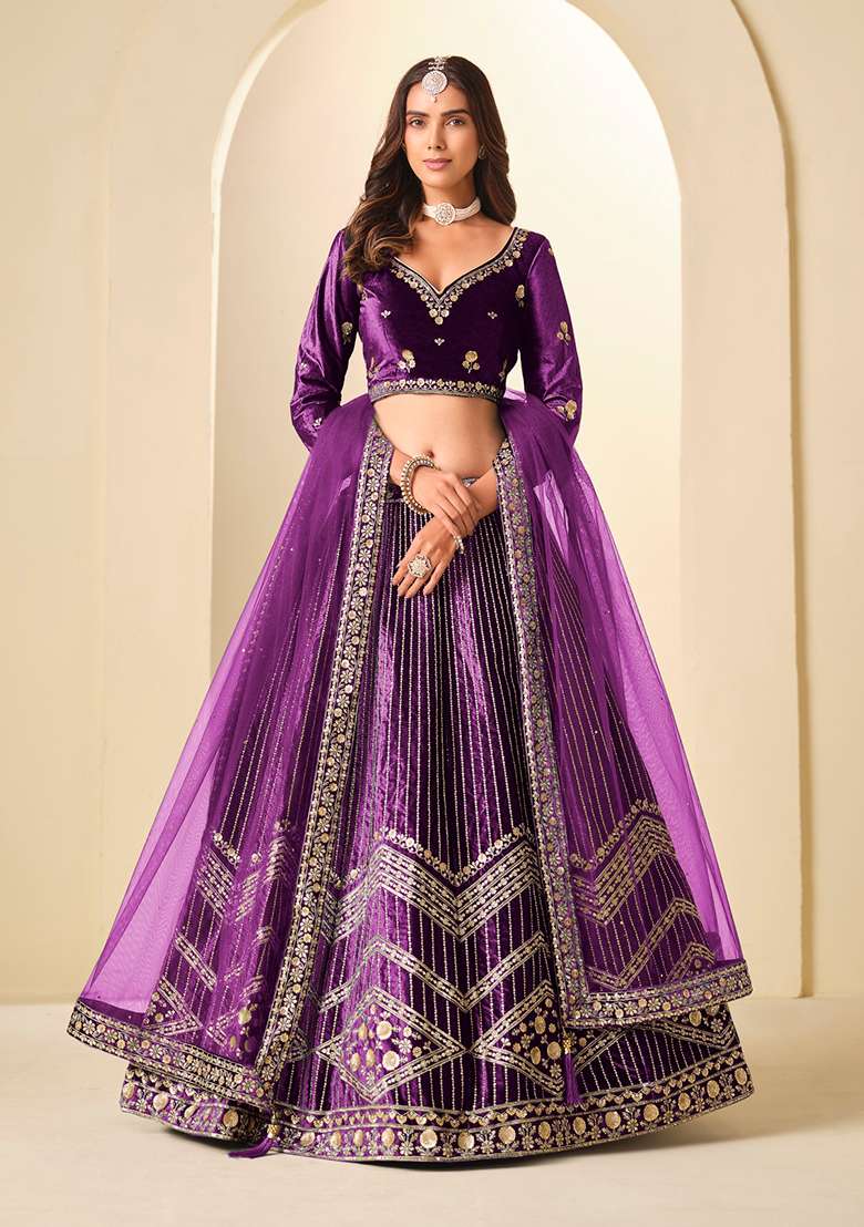 Purple Embroidery Velvet Lehenga Set - Indya