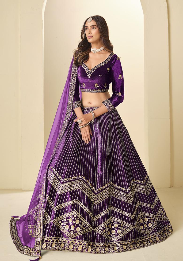 Purple Embroidery Velvet Lehenga Set - Indya