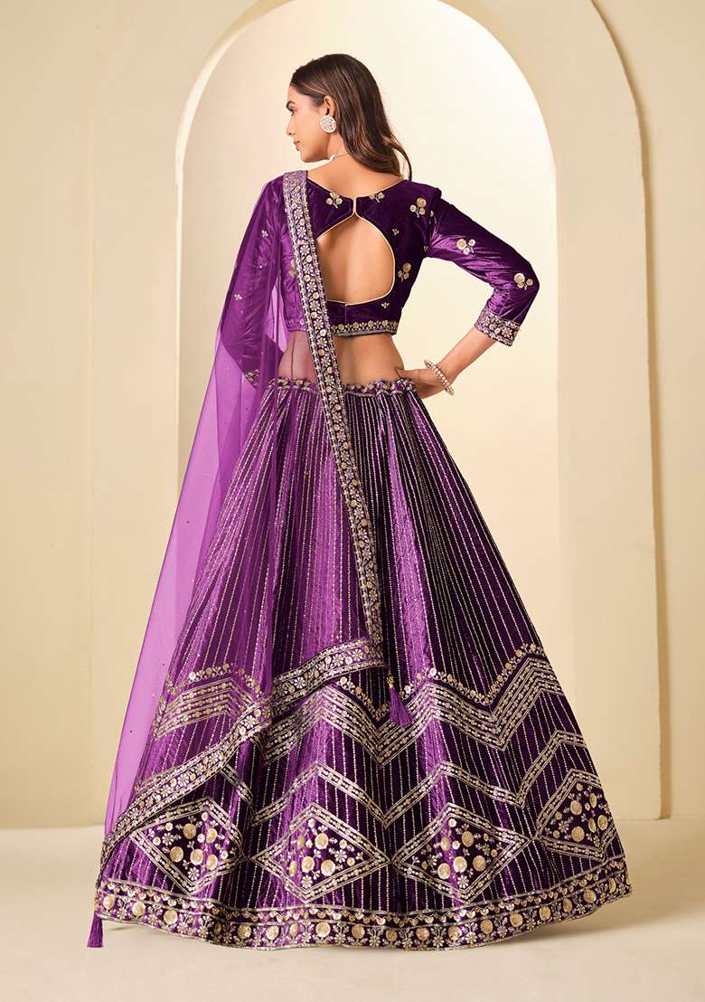 Purple Embroidery Velvet Lehenga Set - Indya