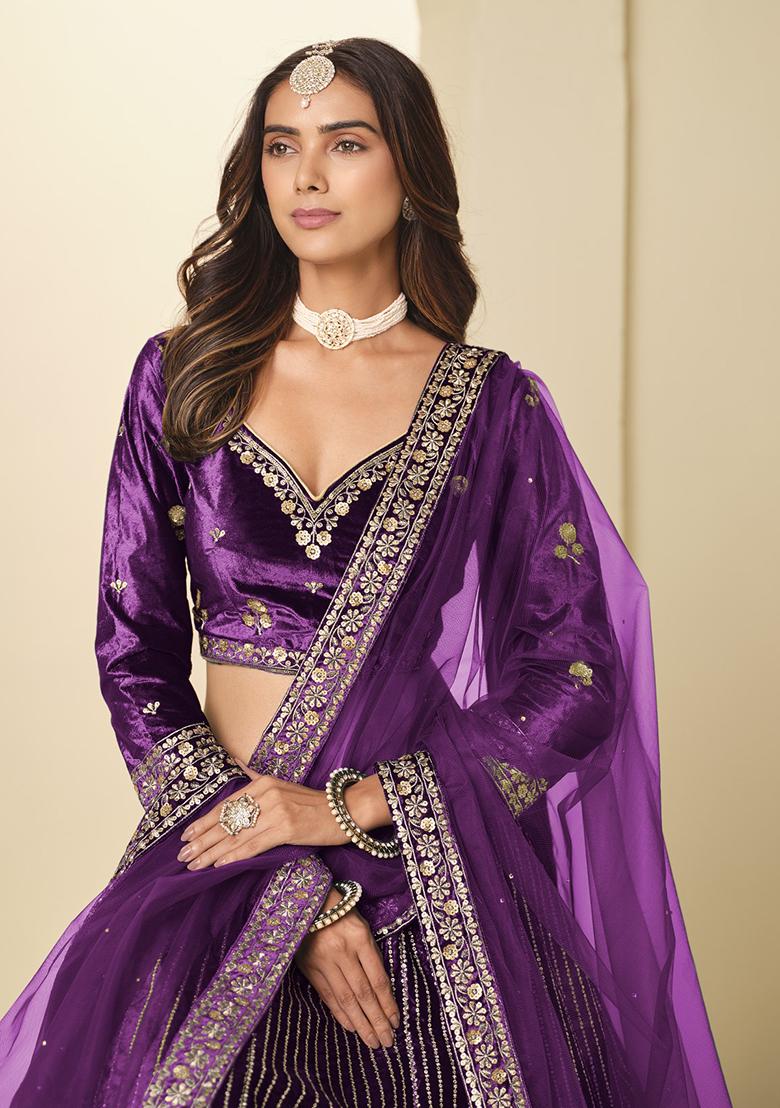 Purple Embroidery Velvet Lehenga Set - Indya