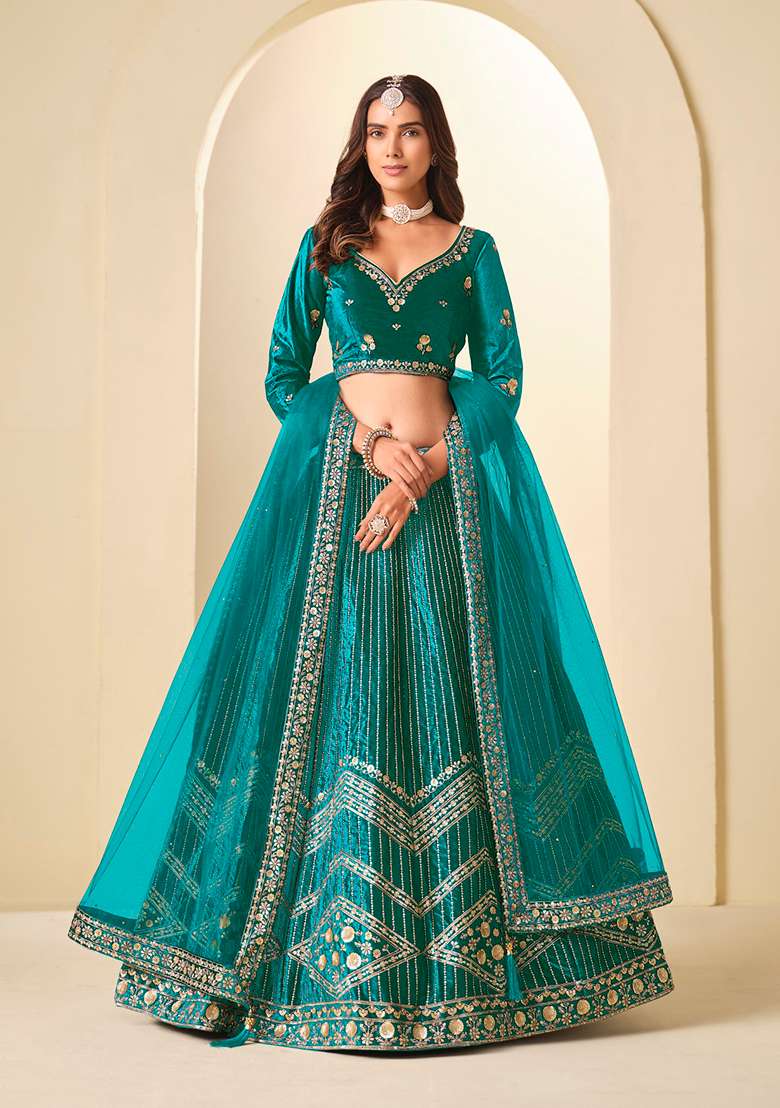Teal Green Embroidery Velvet Lehenga Set - Indya