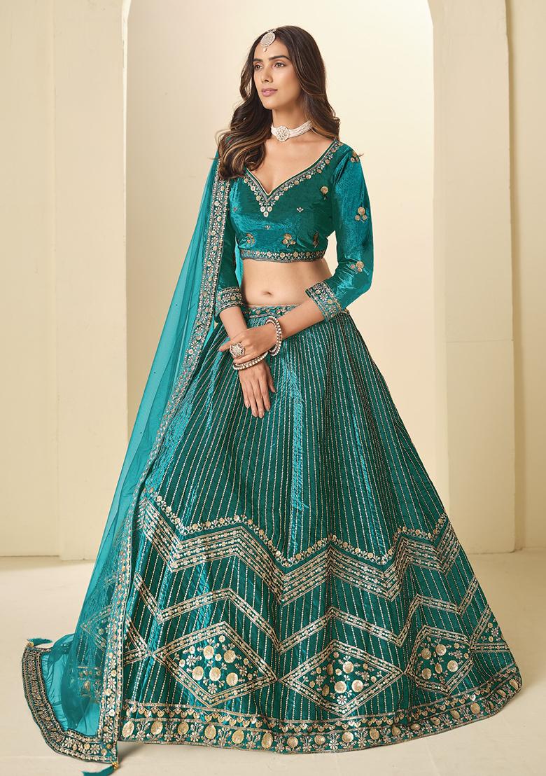 Teal Green Embroidery Velvet Lehenga Set - Indya