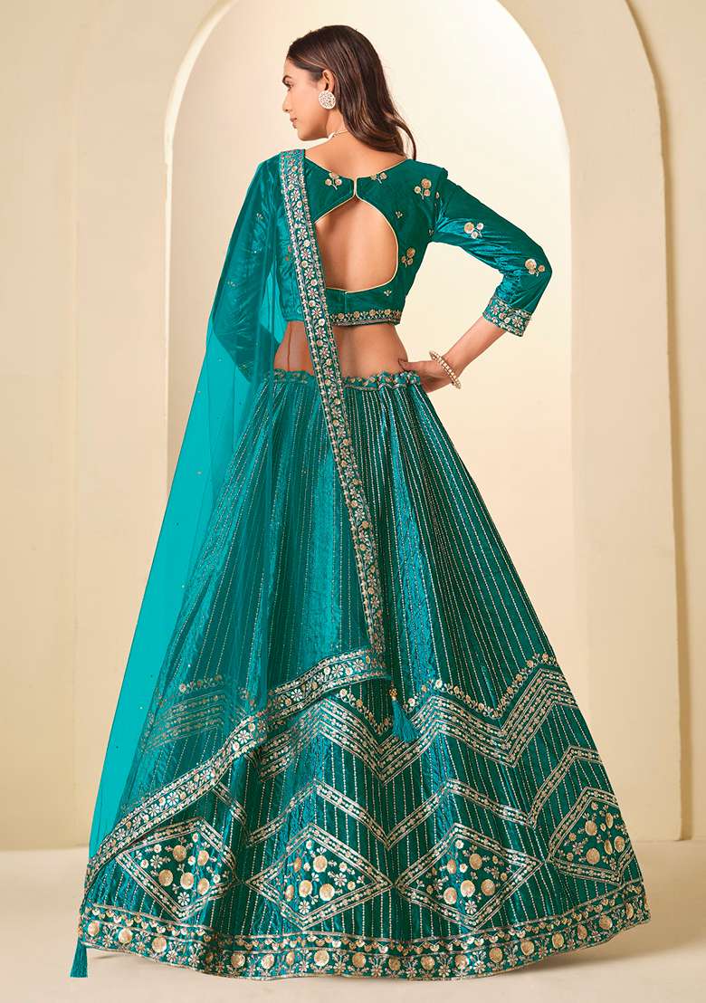 Teal Green Embroidery Velvet Lehenga Set - Indya