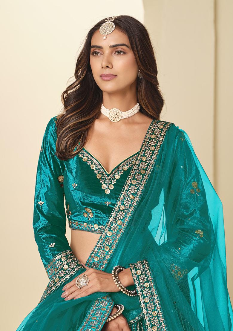 Teal Green Embroidery Velvet Lehenga Set - Indya