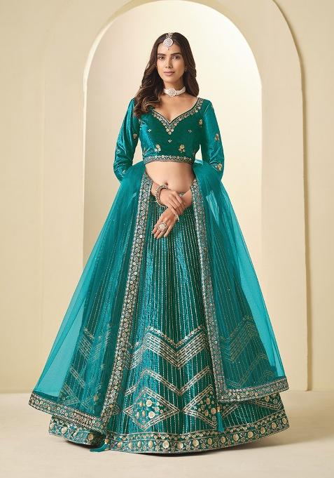 Teal Green Embroidery Velvet Lehenga Set