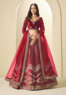 Red Embroidery Velvet Lehenga Set
