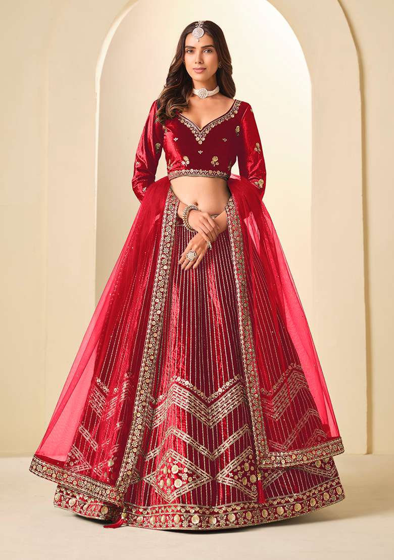 Red Embroidery Velvet Lehenga Set - Indya