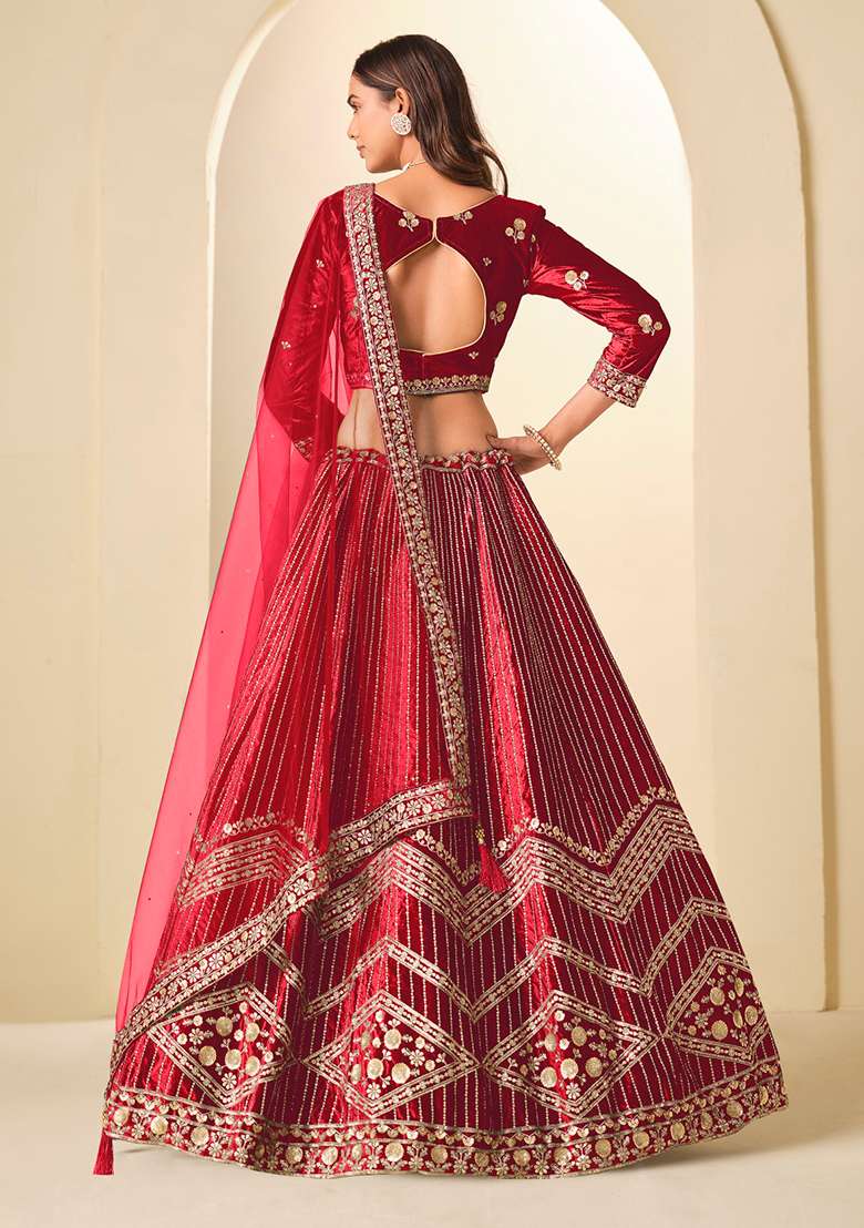 Red Embroidery Velvet Lehenga Set - Indya