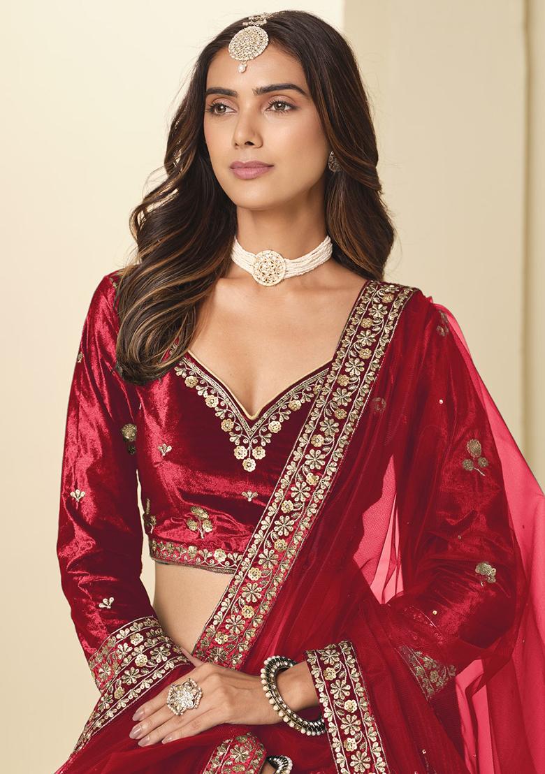 Red Embroidery Velvet Lehenga Set - Indya