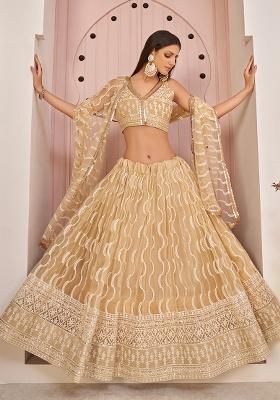 Beige Chiku Embroidery Net Lehenga Set