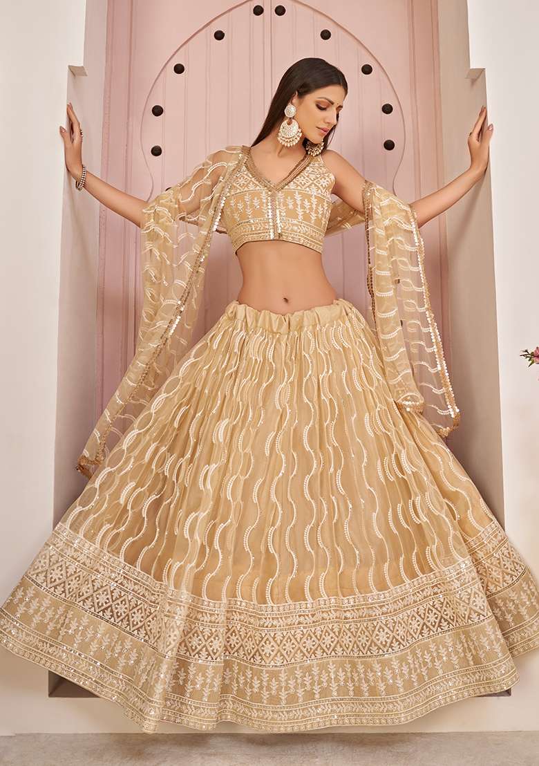 Beige Chiku Embroidery Net Lehenga Set for Diwali and Festive Wear - Indya