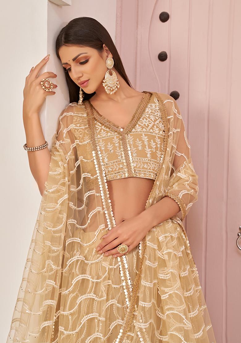 Beige Chiku Embroidery Net Lehenga Set - Indya