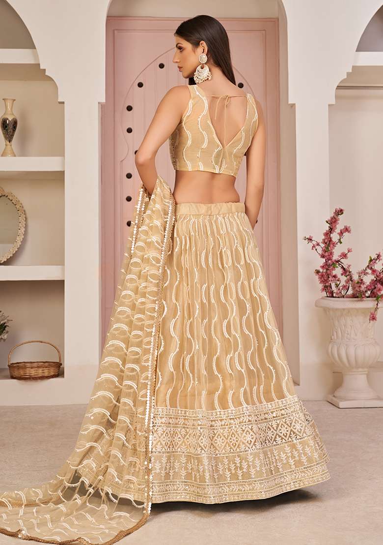 Beige Chiku Embroidery Net Lehenga Set for Diwali and Festive Wear - Indya