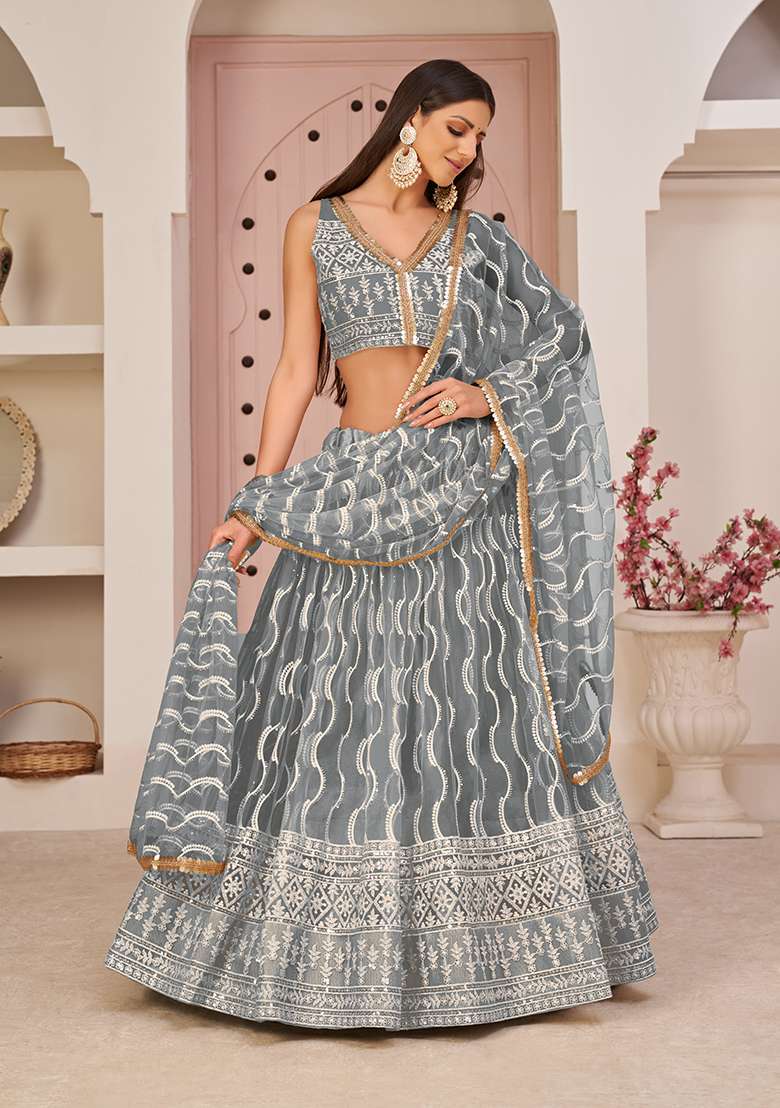 Grey Embroidery Net Lehenga Set for Diwali and Festive Wear - Indya