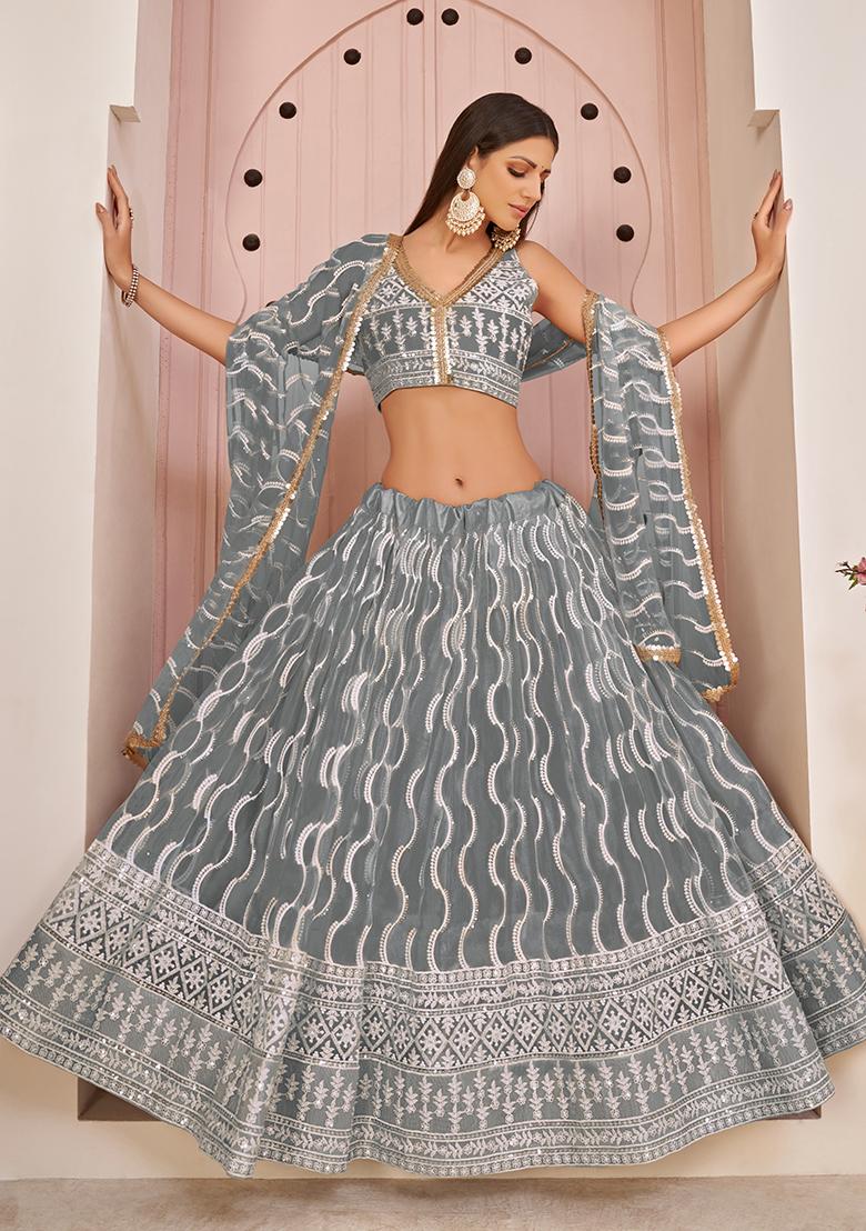 Grey Embroidery Net Lehenga Set - Indya