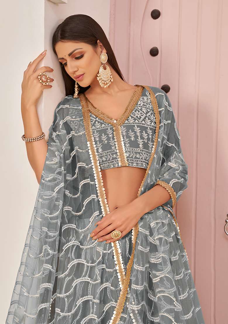 Grey Embroidery Net Lehenga Set for Diwali and Festive Wear - Indya