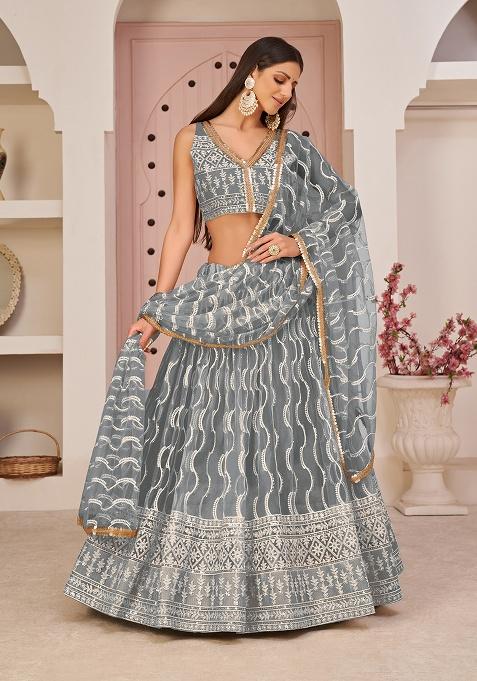 Grey Embroidery Net Lehenga Set