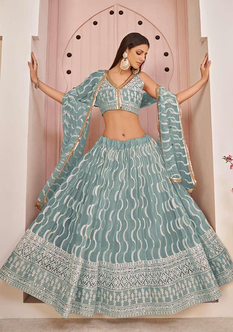 Ocean Blue Net Lehenga Set with Embroidery for Diwali | Wedding & Festive Wear - Indya