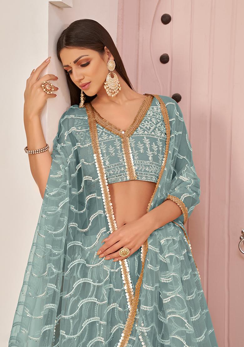 Ocean Blue Embroidery Net Lehenga Set - Indya