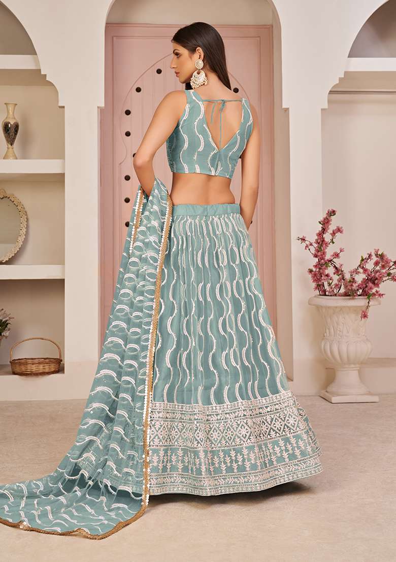 Ocean Blue Net Lehenga Set with Embroidery for Diwali | Wedding & Festive Wear - Indya