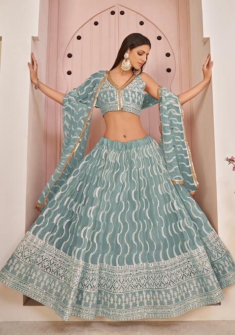 Ocean Blue Embroidery Net Lehenga Set