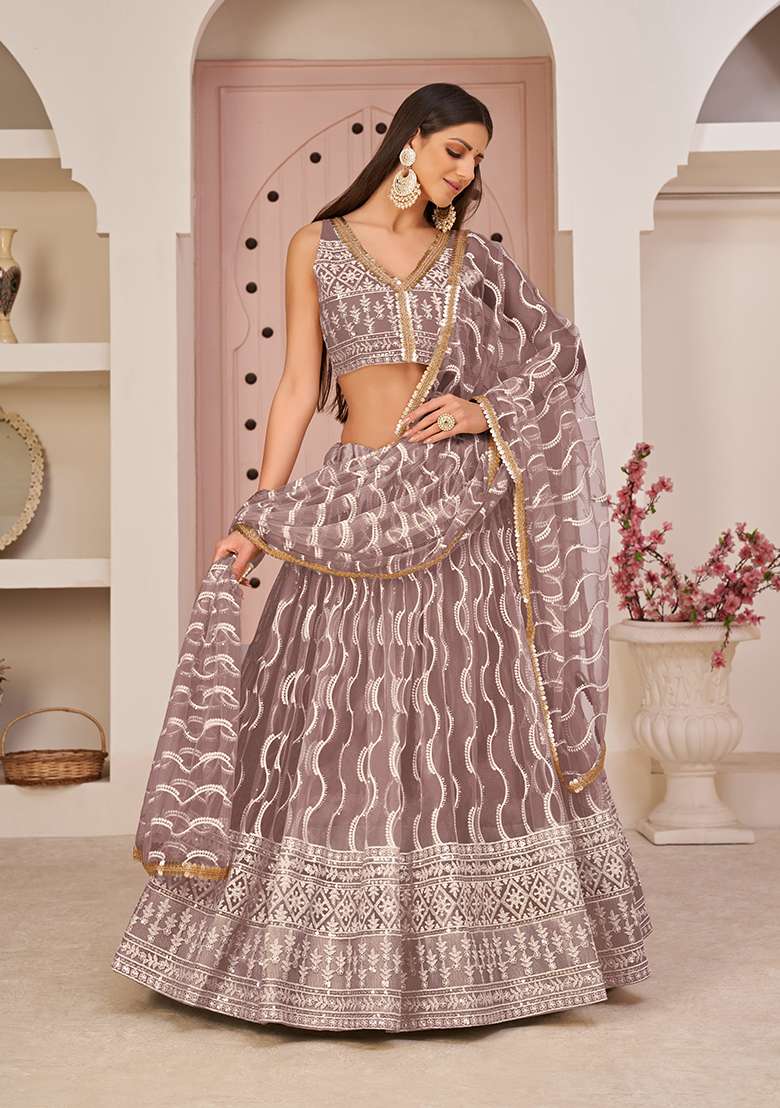 Onion Pink Embroidery Net Lehenga Set for Diwali and Festive Wear - Indya