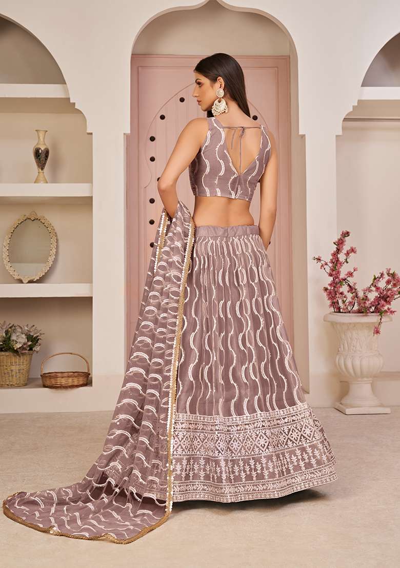 Onion Pink Embroidery Net Lehenga Set for Diwali and Festive Wear - Indya