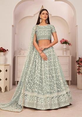 Turquoise Green Embroidery Net Lehenga Set