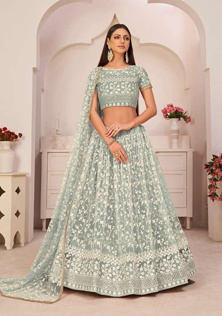 Turquoise Green Embroidery Net Lehenga Set for Diwali and Festive Wear - Indya