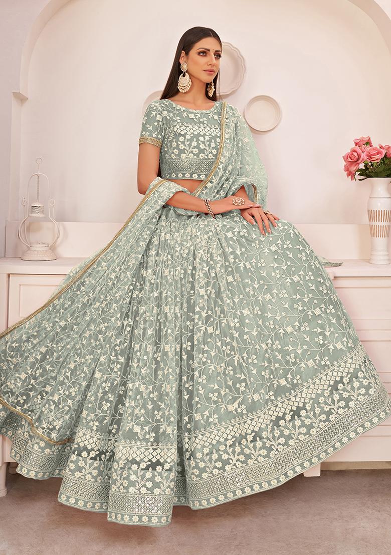 Turquoise Green Embroidery Net Lehenga Set - Indya
