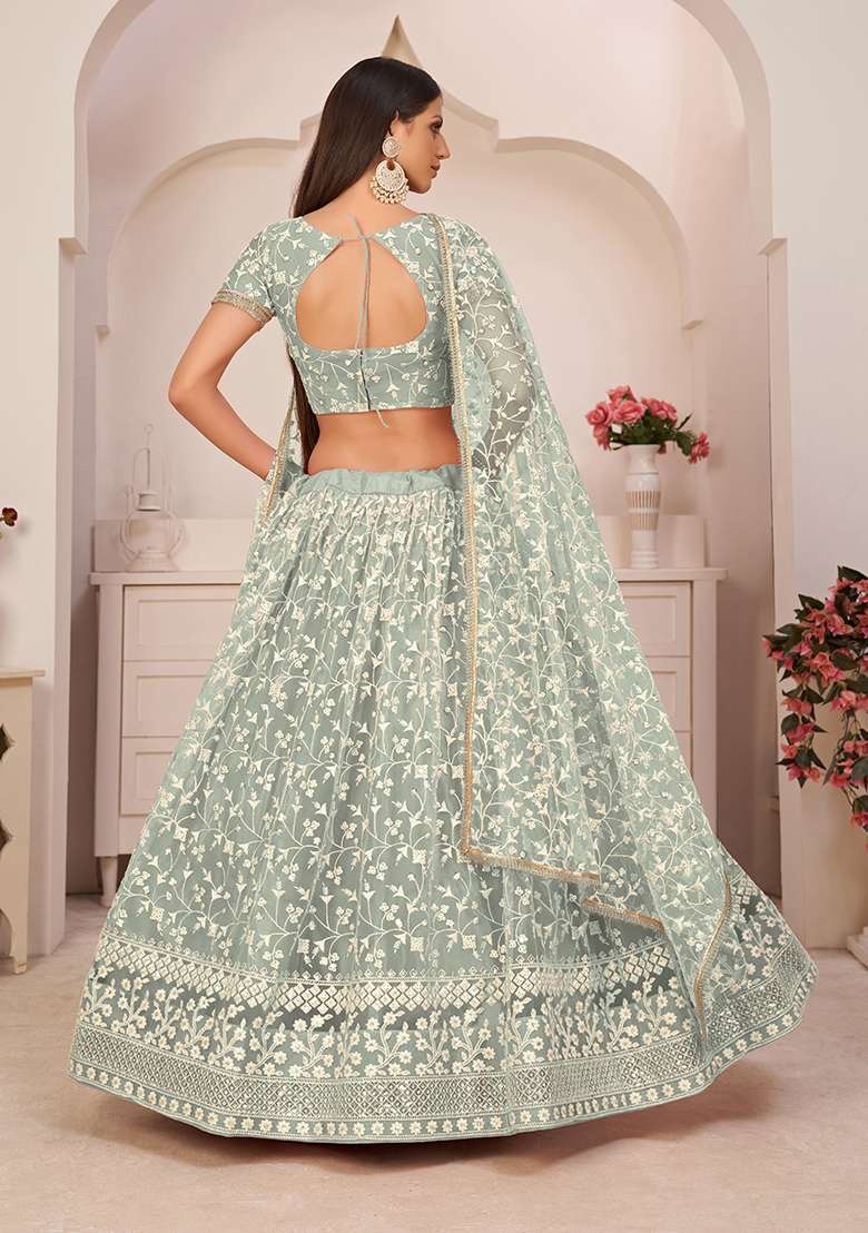 Turquoise Green Embroidery Net Lehenga Set for Diwali and Festive Wear - Indya