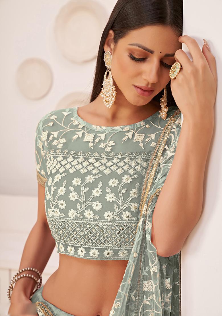 Turquoise Green Embroidery Net Lehenga Set - Indya