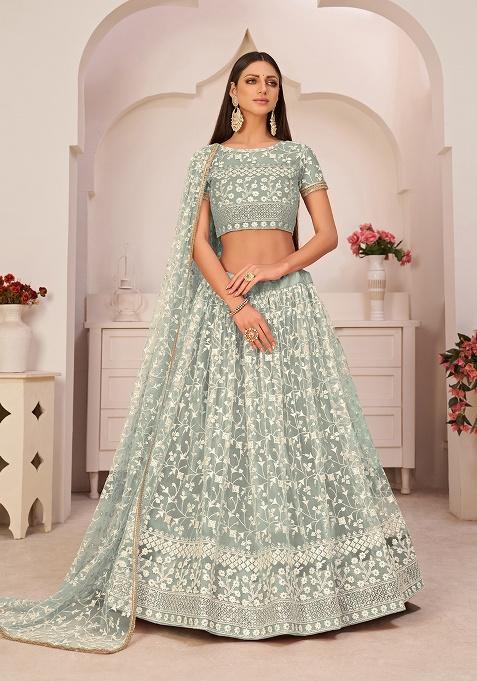 Turquoise Green Embroidery Net Lehenga Set