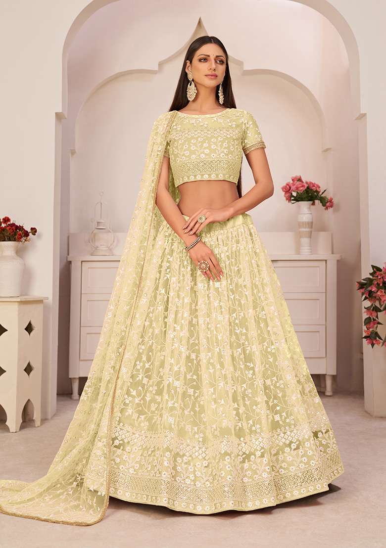 Lemon Yellow Net Lehenga Set with Embroidery for Diwali | Wedding & Festive Wear - Indya