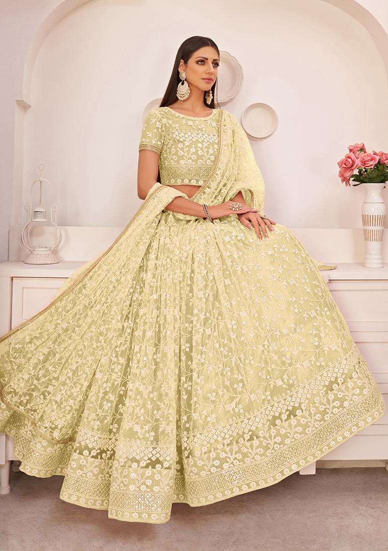 Lemon Yellow Embroidery Net Lehenga Set - Indya