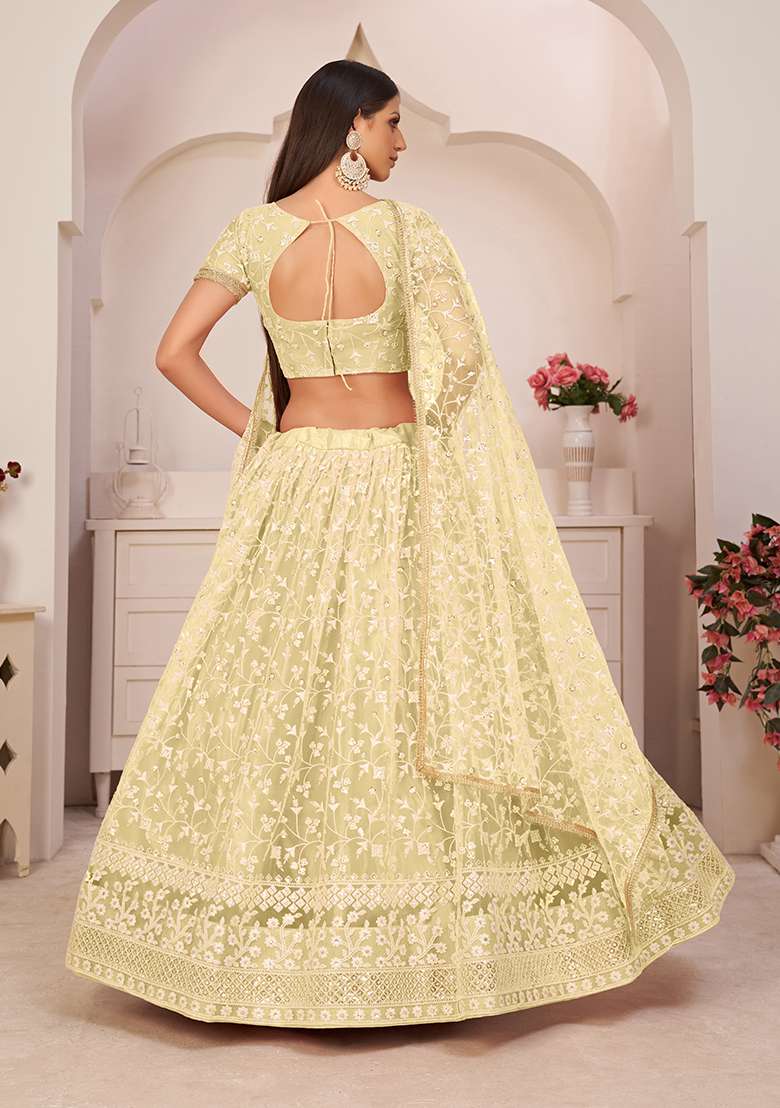 Lemon Yellow Net Lehenga Set with Embroidery for Diwali | Wedding & Festive Wear - Indya