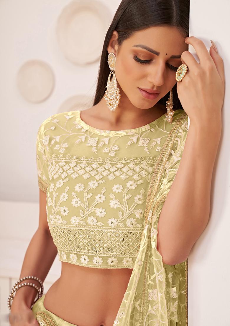 Lemon Yellow Embroidery Net Lehenga Set - Indya