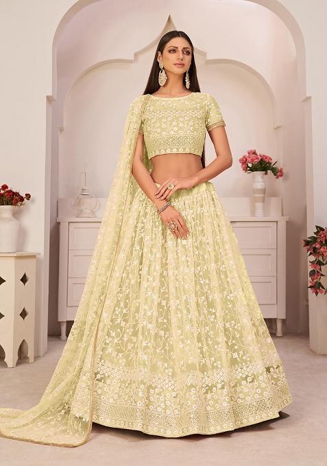 Lemon Yellow Embroidery Net Lehenga Set