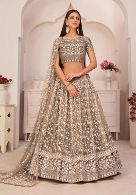 Chocolate Brown Embroidery Net Lehenga Set
