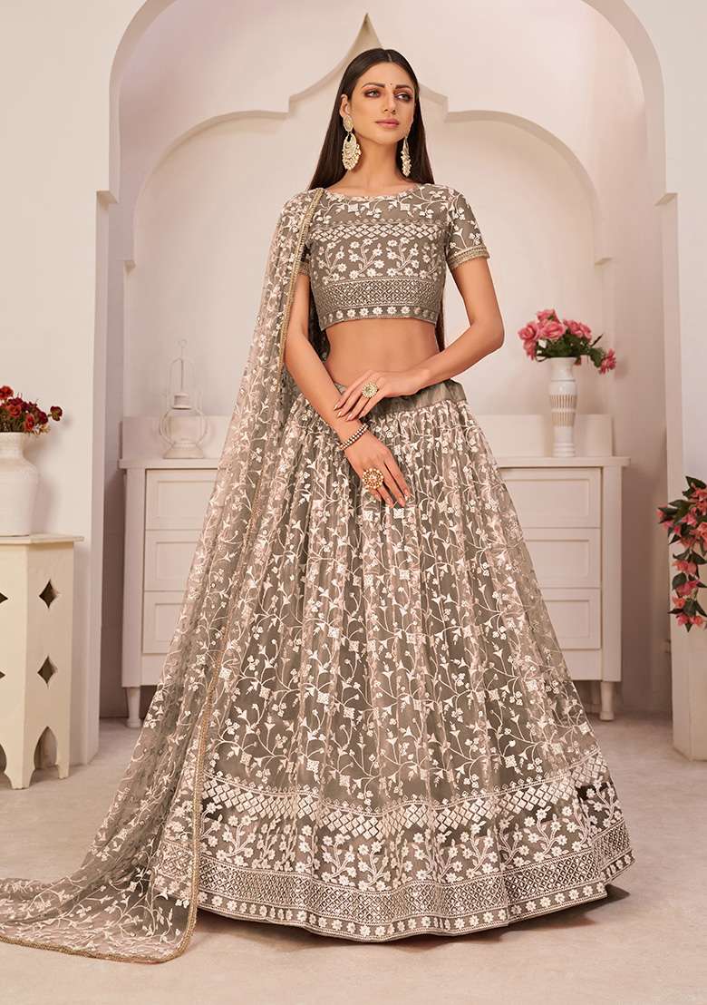 Chocolate Brown Net Lehenga Set with Embroidery for Diwali | Wedding & Festive Wear - Indya