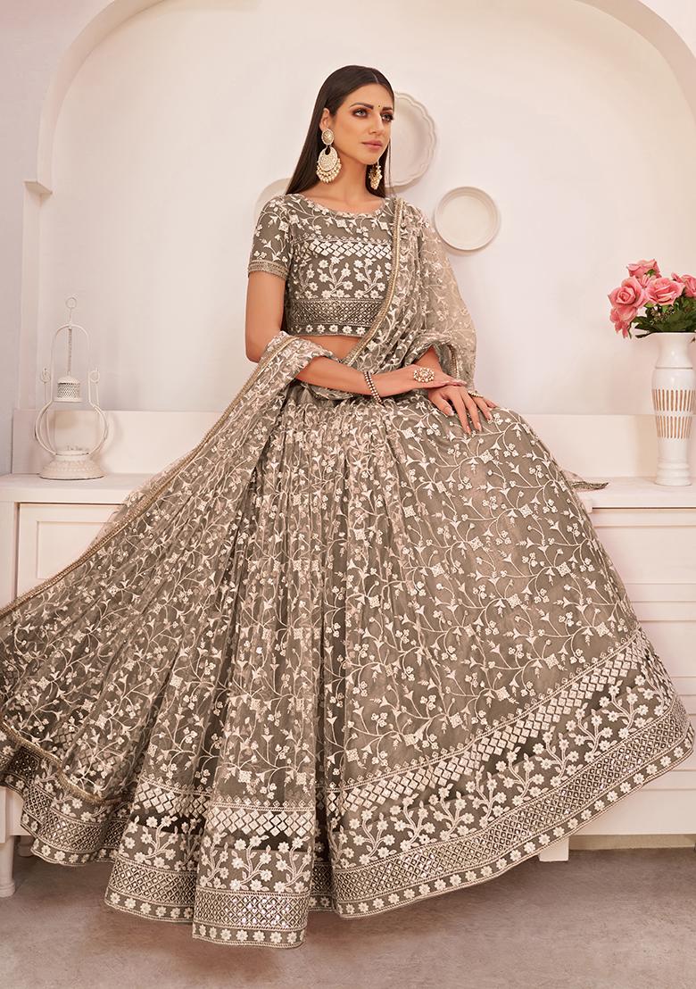 Chocolate Brown Embroidery Net Lehenga Set - Indya