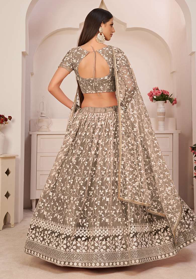 Chocolate Brown Net Lehenga Set with Embroidery for Diwali | Wedding & Festive Wear - Indya