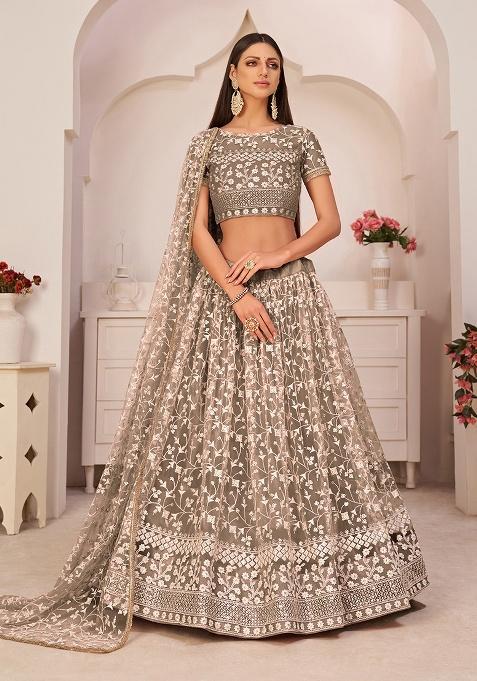 Chocolate Brown Embroidery Net Lehenga Set