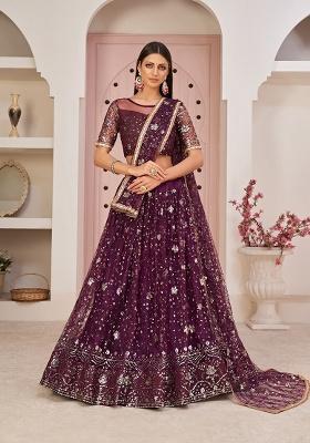 Wine Embroidery Net Lehenga Set