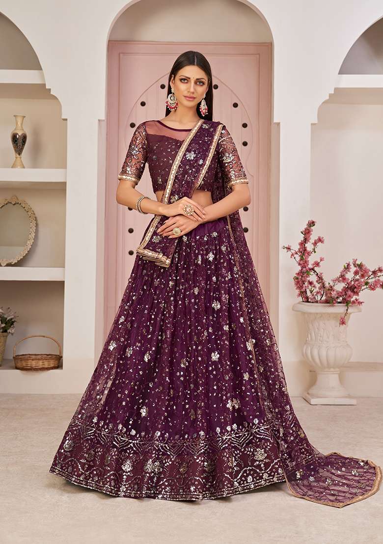 Wine Net Lehenga Set with Embroidery for Diwali | Wedding & Festive Wear - Indya