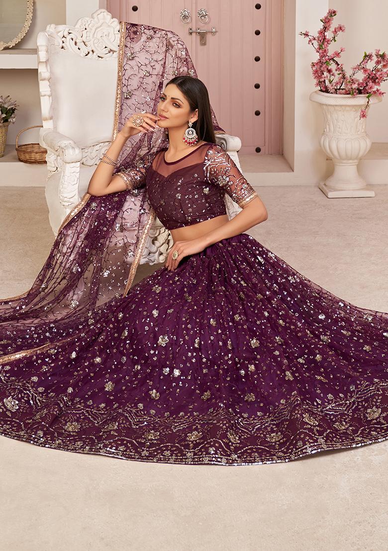 Wine Embroidery Net Lehenga Set - Indya