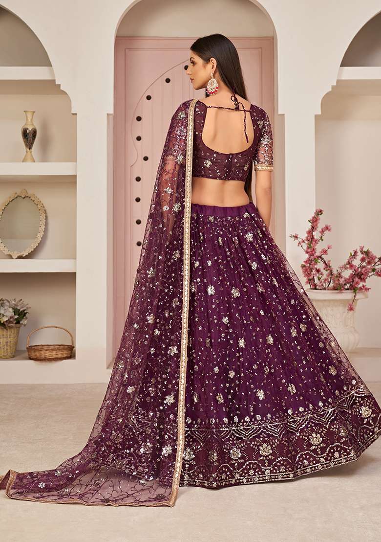 Wine Net Lehenga Set with Embroidery for Diwali | Wedding & Festive Wear - Indya