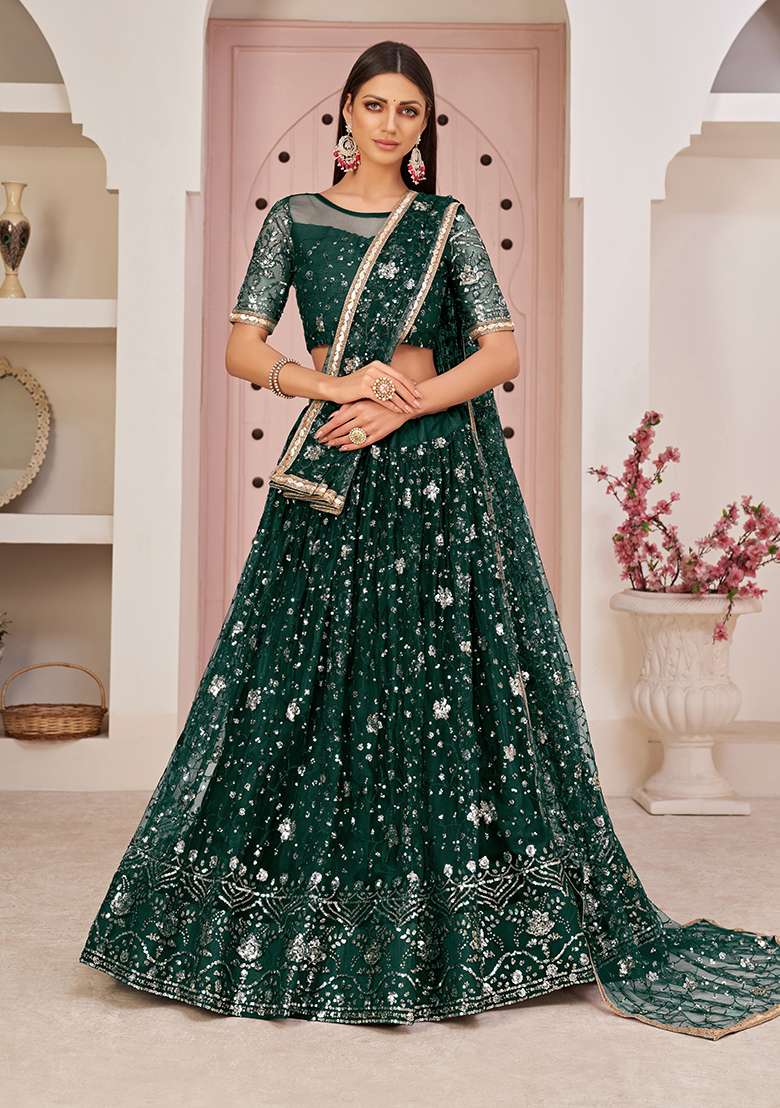 Parrot Green Embroidery Net Lehenga Set for Diwali and Festive Wear - Indya